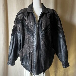 Vintage Oskar Klein Leather Jacket Womens M Paisley Embossed Batwing